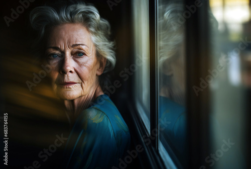 an older woman leaning by a window, dark teal and dark gray, mirror rooms, political
