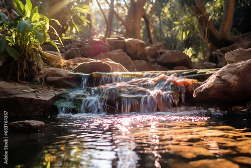 multicolor radiant beauty of a waterfall beneath the warm embrace of the sun, showcasing the interplay of light, shadows, and the refreshing ambiance created by the combination of water and sunlight