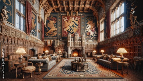 The grand interior of a medieval castle, complete with tapestries, armor, and historic furnishings.