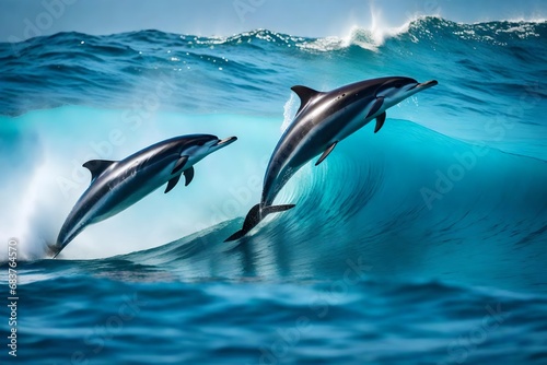 dolphins swimming in crystal-clear  blue waves