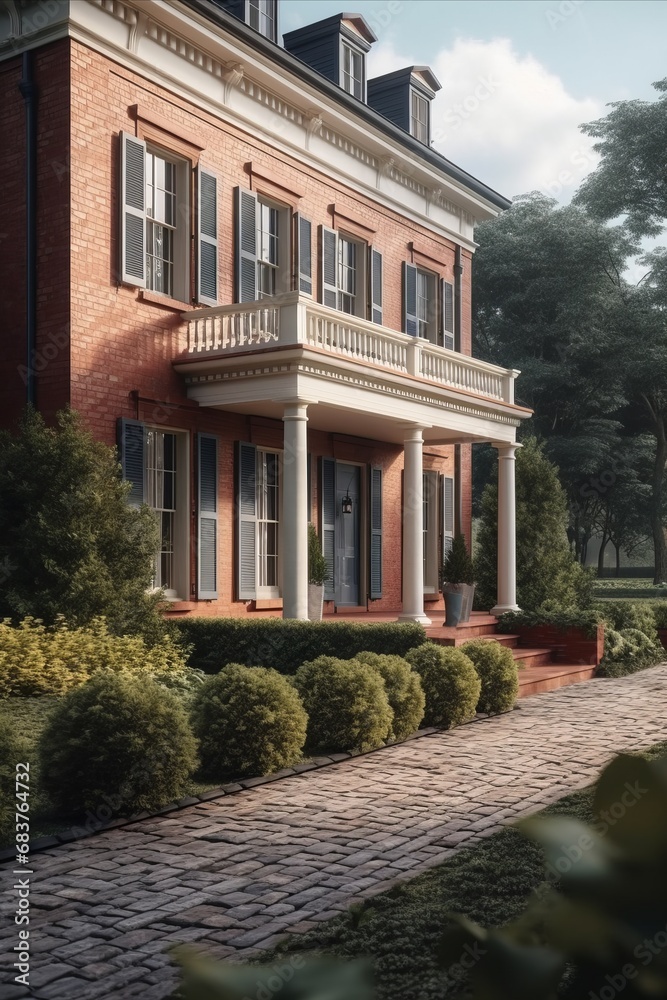 Private brick house in classic Colonial architectural style with columns and balcony above the porch