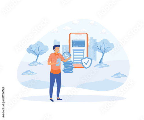 Man pays with mobile phone successfully and safely. Online mobile payments and banking services. Concept of receipt, online shopping, money transfer. flat vector modern illustration