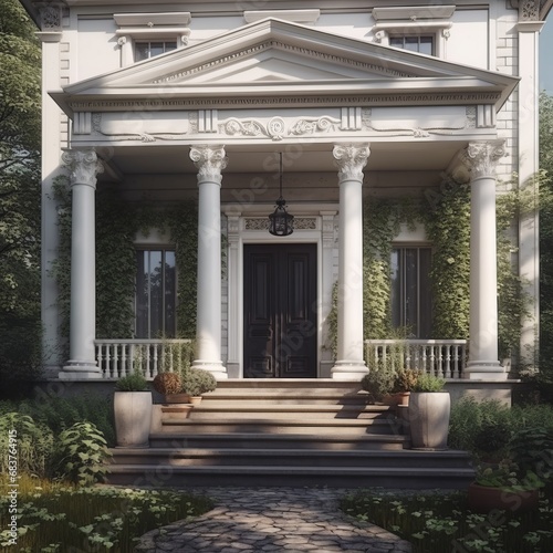 Entrance to the house in classic Colonial architectural style with stairs, columns and pediment