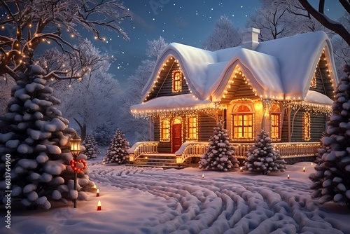 Close-up House decorated with glowing lights for winter holidays. Christmas illumination. Night scene with fresh snow.