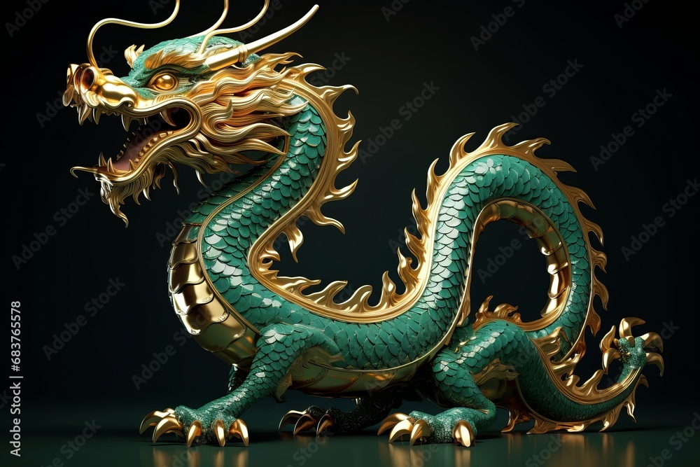 Emerald Gold Chinese Dragon. Chinese new year of the green Wood dragon , Chinese zodiac symbol, Lunar new year concept.