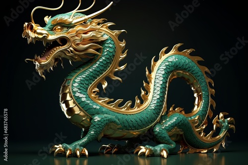 Emerald Gold Chinese Dragon. Chinese new year of the green Wood dragon   Chinese zodiac symbol  Lunar new year concept.
