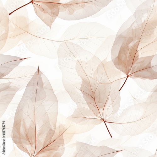 Autumn background of translucent leaves on white background. Seamless pattern