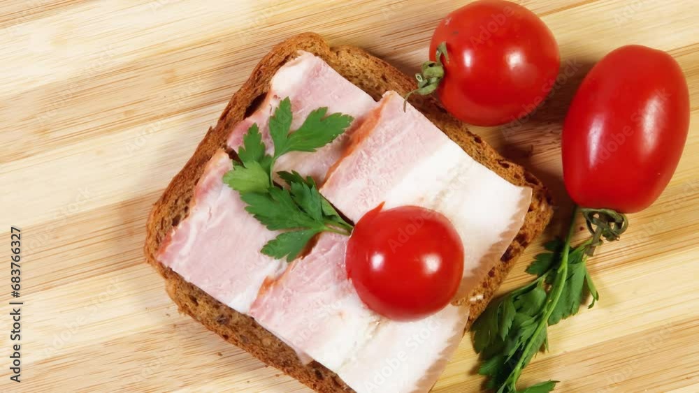 Open sandwich with boiled-smoked pork belly and cherry tomatoes Open sandwich with boiled-smoked pork belly and cherry tomatoes