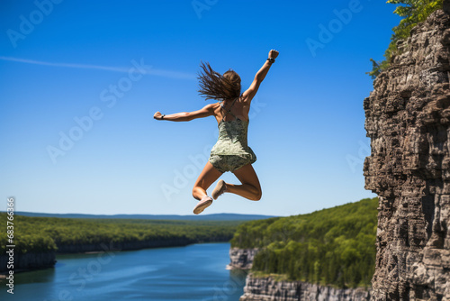 multicolor exhilaration and courage of cliff jumping, showcasing leaping figure, pristine waters below, and thrill of taking a leap of faith