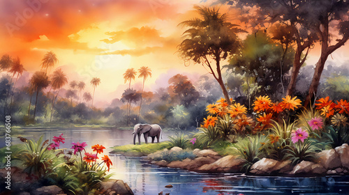 Watercolor painting style, high quality, landscape on an African tropical jungle with trees next to a river with giraffes, elephants and birds, in coordinating colors