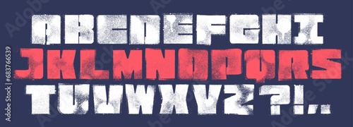 Square Stencil font with spray paint texture and mis-printed overspray. Highly detailed vector textures taken from high res scans. Compound path and optimised. Original design font