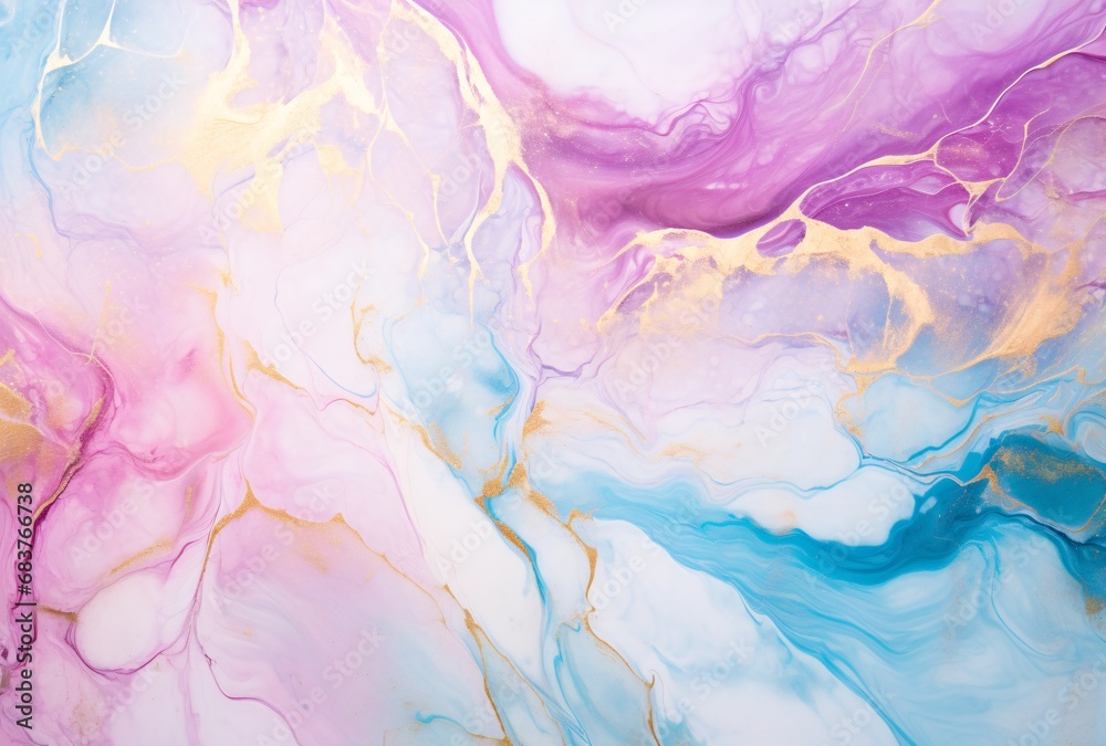 Fototapete mit bluish and pink marble texture painting with gold details, fluid networks, light sky-blue and dark white, soft gradients #683766738