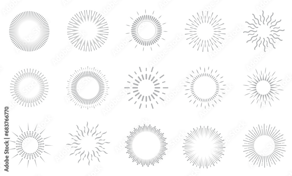 Sun Rays linear Hipster Logo Sunburst Set line illustration Vector Design. Sunbeam Collection,  Elements