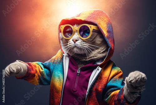 cat wearing a colorful jacket  sunglasses  and hat  rocking a hip hop outfit
