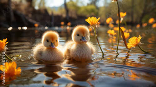 Adorable Fluffy Yellow Goslings Swimming on a Beautiful Pond Blurry Background