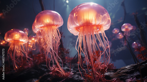 Colorful Glowing Tropical Jellyfish Group Swimming in The Sea Blurry Background © Image Lounge