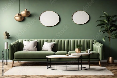artistic view of Home interior mock-up with green sofa  table and decor in living room   white carton   hd  