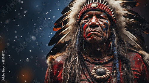 Portrait of a solemn elder native american man with traditional feather headdress. Generative AI