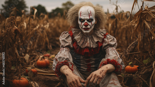 Banner with scary clown with white and red makeup sitting in a cornfield during Halloween with pumpkins around. Generative AI