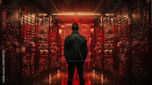 Man in black jacket standing in front of a wall of illuminated control panels and switches in a dimly lit server room. Generative AI