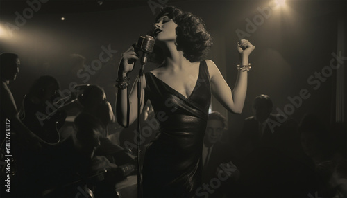 Vintage performer. Singing Woman with Microphone. Beauty Glamour Singer Girl Portrait in club. Vintage Style. Song elegant female