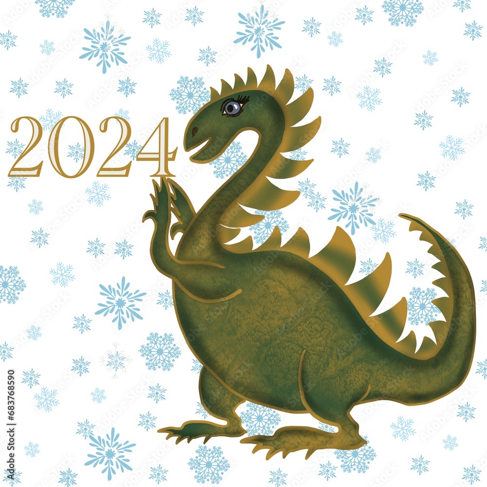 Fototapeta premium new year dragon dragon with a gift dinosaur, huge lizard, reptile, reptilian, scaly skin, old skin, reptile with a tail, holiday, new year, Chinese new year Christmas tree 