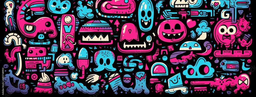 monster cartoon figures, drawn outlines, sketch drawing, icons, letters monster cartoon figures, drawn outlines, sketch drawing, icons, letters