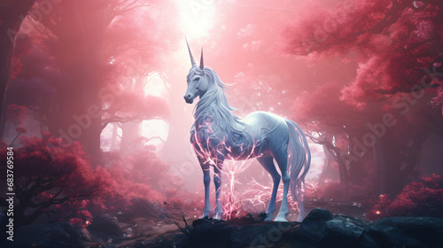 Majestic white unicorn with a pink mane standing © Natia