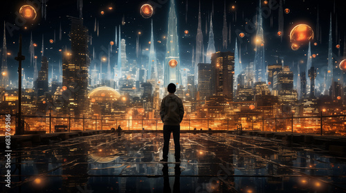 A solitary observer gazes upon a futuristic cityscape with glowing meteors descending from a starry sky. Generative AI