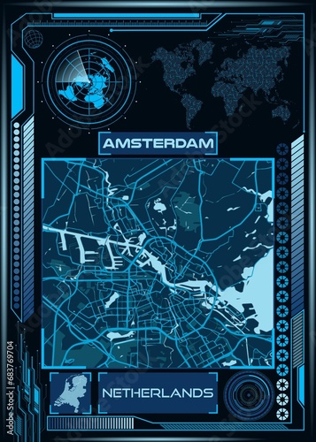 Illustration of an aerial map of Amsterdam  Netherlands