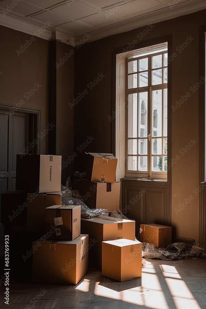 Empty room filled with numerous cardboard boxes, symbolizing moving and purchasing a new home. A visual representation of relocation, change, and the anticipation of a fresh start.