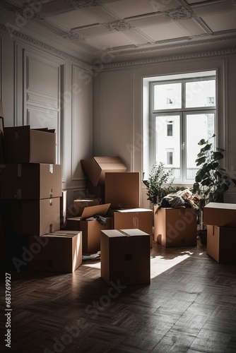 Empty room filled with numerous cardboard boxes, symbolizing moving and purchasing a new home. A visual representation of relocation, change, and the anticipation of a fresh start.