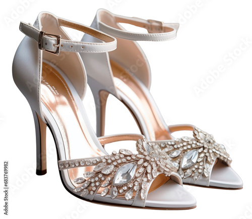 Beautiful cream wedding shoes with rhinestones. Isolated on a transparent background.