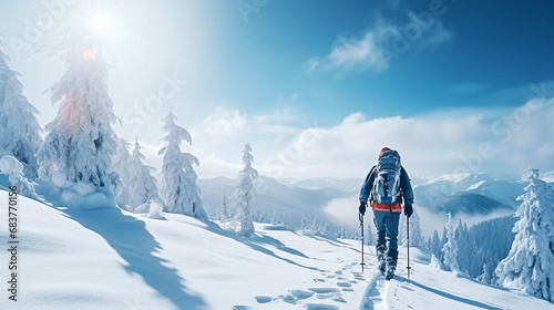 Mountaineer backcountry ski walking ski alpinist in the mountains. Ski touring in alpine landscape with snowy trees. Adventure winter sport. photo