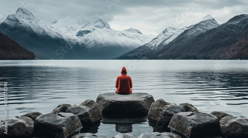Solitary figure in a red hoodie meditating on a boulder by a tranquil mountain lake. Generative AI