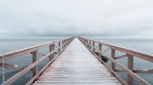 Snow-dusted wooden pier stretching into tranquil sea under overcast sky. Generative AI