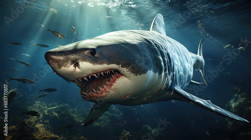 A Gigantic Great White Shark In Crystal Clear Water with Caustic Reflections Background © Image Lounge