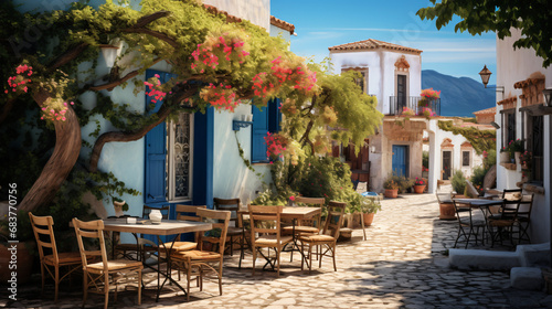 Outdoor cafe on a street of typical greek traditional village in Greece. Coffee with food on table for lunch