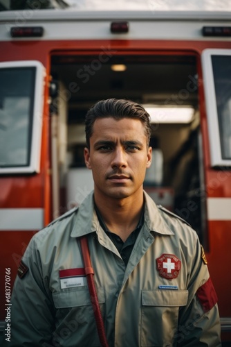 A male employee of the emergency medical service, a paramedic near an ambulance
