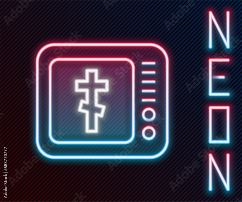 Glowing neon line Online church pastor preaching video streaming icon isolated on black background. Online church of Jesus Christ. Colorful outline concept. Vector