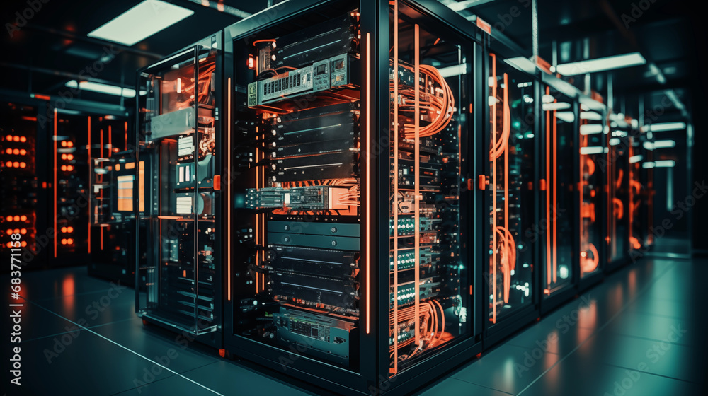 Futuristic Server Room with Blue and Orange Illuminated Racks in a Data Center. Generative AI