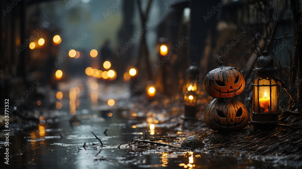 Halloween Pumpkins In a Dark Street at Night Background