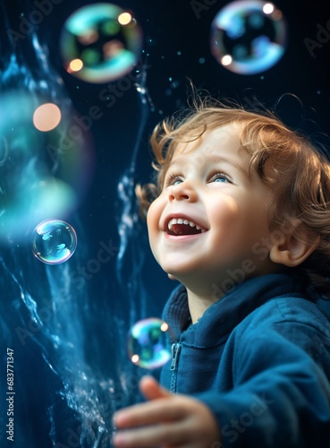 boy playing with bubbles on blue background evocative environmental portraits hyper-realistic close-ups