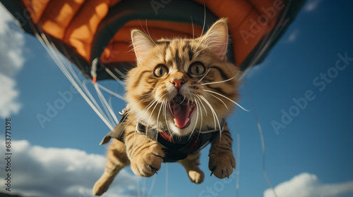 Funny cat skydiving with a parachute.  Generative AI photo