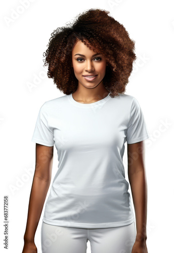 Confident woman with curly hair in stylish white outfit on transparent background. Fashion mockup. Generative AI