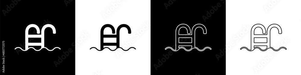 Set Swimming pool with ladder icon isolated on black and white background. Vector - obrazy, fototapety, plakaty 