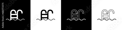 Set Swimming pool with ladder icon isolated on black and white background. Vector