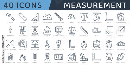 Measurement and Measuring Tool or Measuring Elements Icon Set. Vector Line art Icon