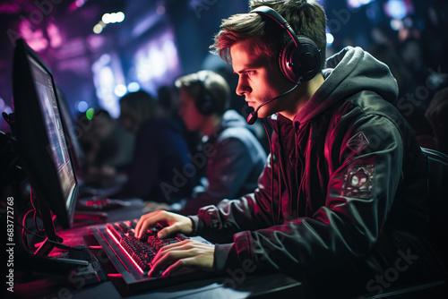 team of teenage esports players with headphones playing at computers at online games championship