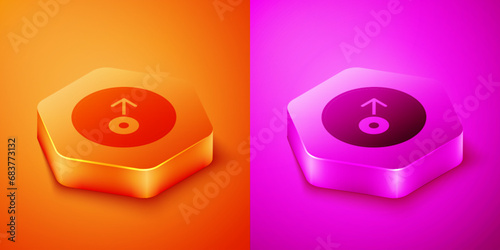 Isometric Mars symbol icon isolated on orange and pink background. Astrology, numerology, horoscope, astronomy. Hexagon button. Vector